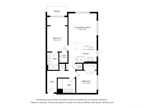Floor plan for 2 beds, 2 baths, 975 sqft